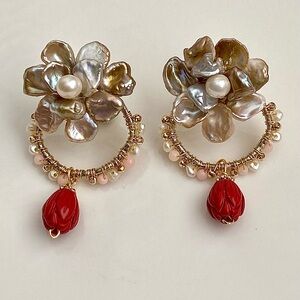 E133-Handmade Double Petal Pearl Jacket Flower Pink Opal Earring
